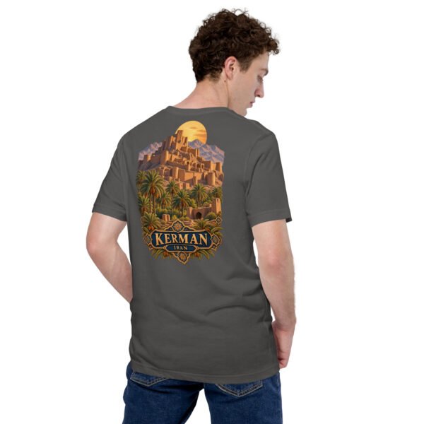 unisex-staple-t-shirt-asphalt-back-6acbd5352be39.jpg Asphalt Kerman unisex t-shirt, back view with Kaluts of Shahdad and the Shazdeh Garden of Mahan design
