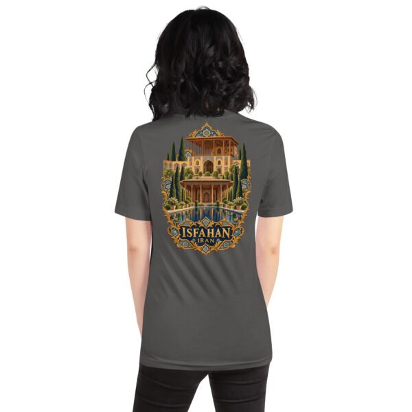 Asphalt Isfahan unisex t-shirt, back view with Naqsh-e Jahan Square and Ali Qapu Palace design