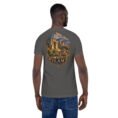 Asphalt Ilam unisex t-shirt, back view with Zagros mountains and ancient Elamite rock reliefs design