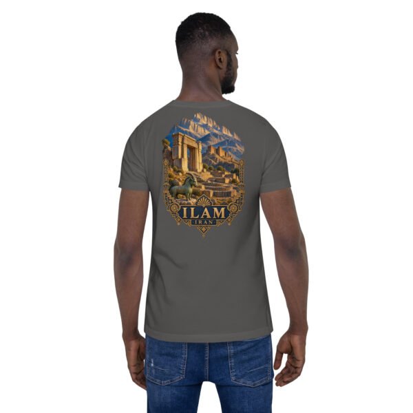 Asphalt Ilam unisex t-shirt, back view with Zagros mountains and ancient Elamite rock reliefs design