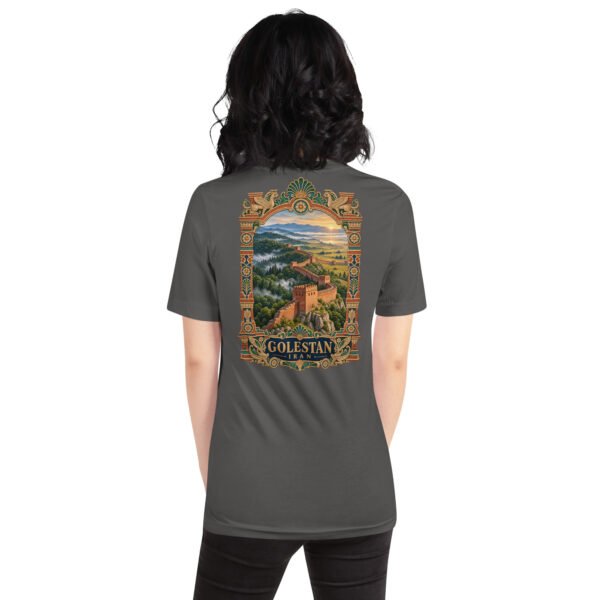 Asphalt Golestan unisex t-shirt, back view with Great Wall of Gorgan, Hyrcanian forest and northern plains design