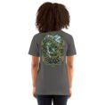 Asphalt Gilan unisex t-shirt, back view with Rudkhan Castle, misty forest and waterfalls design