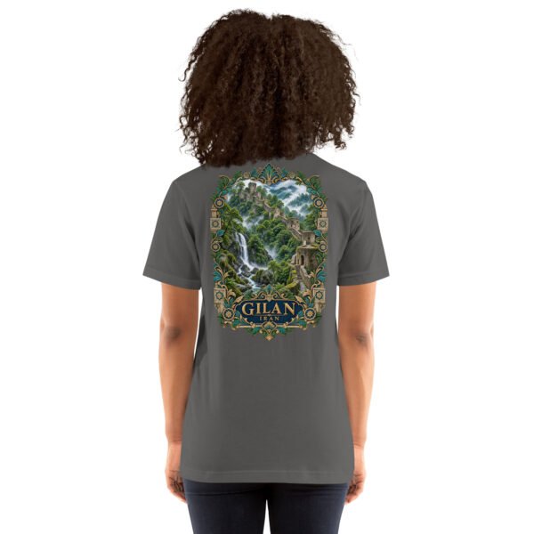 Asphalt Gilan unisex t-shirt, back view with Rudkhan Castle, misty forest and waterfalls design