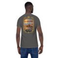 Asphalt Qom unisex t-shirt, back view with Deir-e Gachin caravanserai, desert and salt lake design