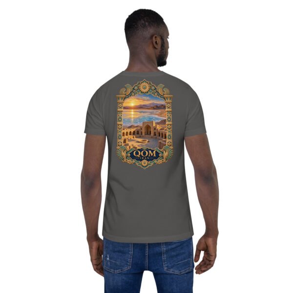 Asphalt Qom unisex t-shirt, back view with Deir-e Gachin caravanserai, desert and salt lake design