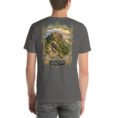 Asphalt Qazvin unisex t-shirt, back view with Alamut Castle, Alborz cliffs and ancient rock motifs design