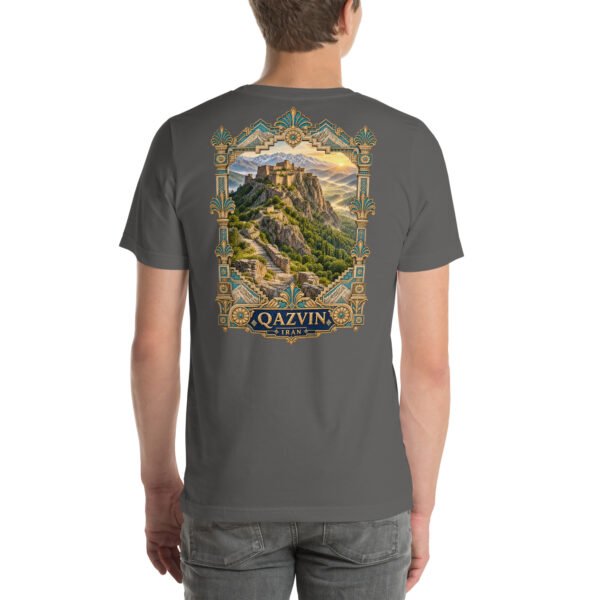Asphalt Qazvin unisex t-shirt, back view with Alamut Castle, Alborz cliffs and ancient rock motifs design