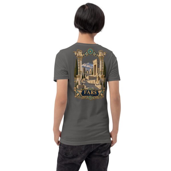 Asphalt Fars unisex t-shirt, back view with Achaemenid column capital and Persepolis design