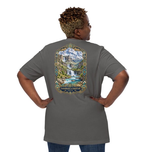 Asphalt Chaharmahal and Bakhtiari unisex t-shirt, back view with Koohrang waterfall, Zagros cliffs and Bakhtiari kilim patterns design
