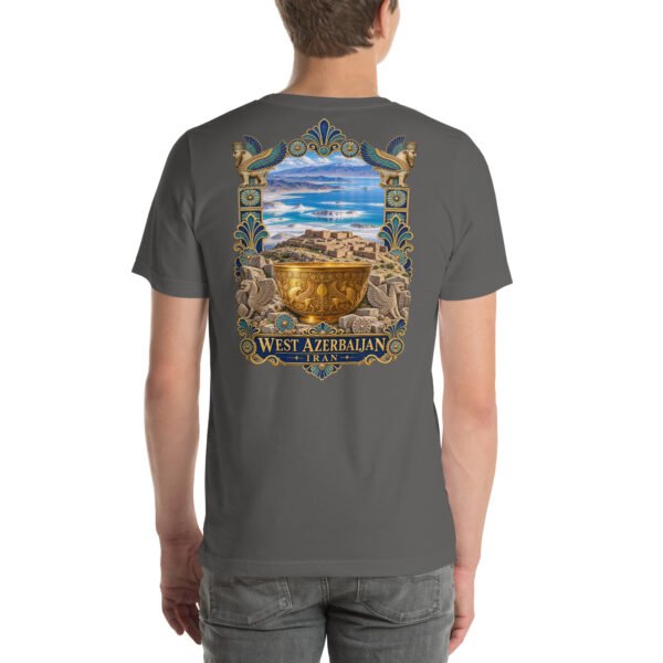 Asphalt West Azerbaijan unisex t-shirt, back view with Hasanlu, Lake Urmia and Iron Age motifs design