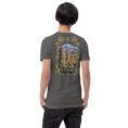 Asphalt Ardabil unisex t-shirt, back view with Shahr-e Yeri stone figure in front of Mount Sabalan design