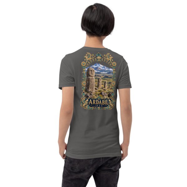 Asphalt Ardabil unisex t-shirt, back view with Shahr-e Yeri stone figure in front of Mount Sabalan design