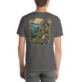 Asphalt East Azerbaijan unisex t-shirt, back view with Babak Castle on its mountain peak at sunrise design