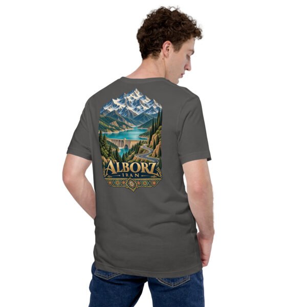 Asphalt Alborz unisex t-shirt, back view with Alborz Mountains, dam lake and winding road design