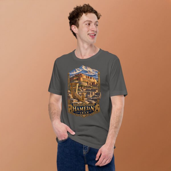 unisex-staple-t-shirt-asphalt-front-2-6acbd9f3e4064.jpg Asphalt Hamedan unisex t-shirt, front view with Ganjnameh inscriptions and Mount Alvand design