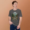 Asphalt Alborz unisex t-shirt, front view with Chalus Road winding through the Alborz Mountains design