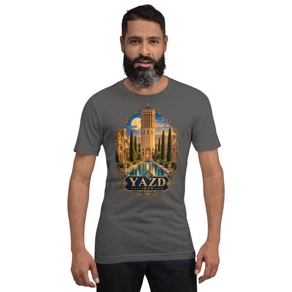 Asphalt Yazd unisex t-shirt, front view with Narin Castle of Meybod and a traditional dovecote design