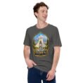 Asphalt Tehran unisex t-shirt, front view with Azadi Tower and Mount Damavand design
