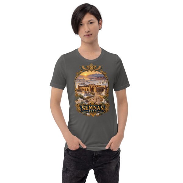 Asphalt Semnan unisex t-shirt, front view with Qasr-e Bahram caravanserai in the Dasht-e Kavir design