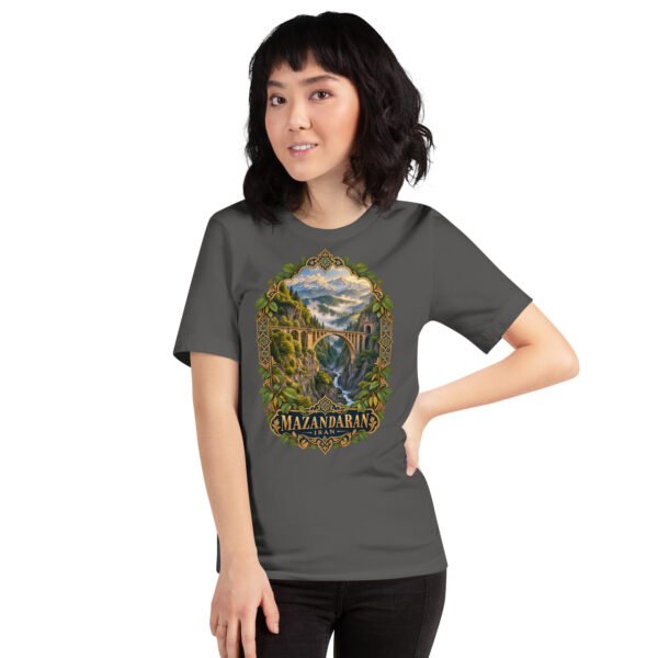 Asphalt Mazandaran unisex t-shirt, front view with terraced springs of Badab-e Surt in the Hyrcanian forest design