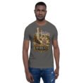 Asphalt Markazi unisex t-shirt, front view with ancient columns of Khorheh design