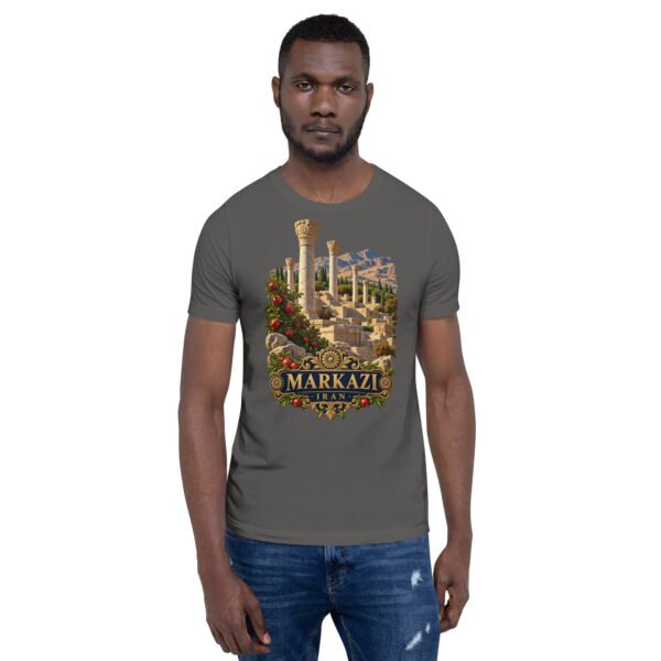 Asphalt Markazi unisex t-shirt, front view with ancient columns of Khorheh design