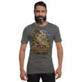 Asphalt Kurdistan unisex t-shirt, front view with Ziwiye fortress and golden Mannaean motifs design