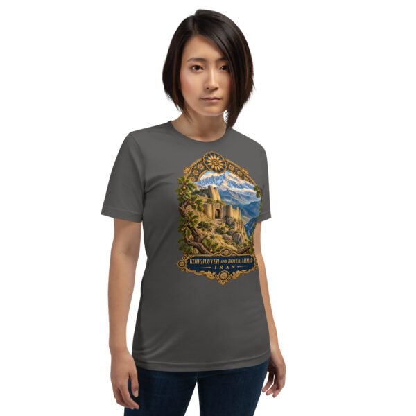 unisex-staple-t-shirt-asphalt-front-6acbd04930346.jpg Asphalt Kohgiluyeh and Boyer-Ahmad unisex t-shirt, front view with Tang-e Balqis gorge and Mount Dena design
