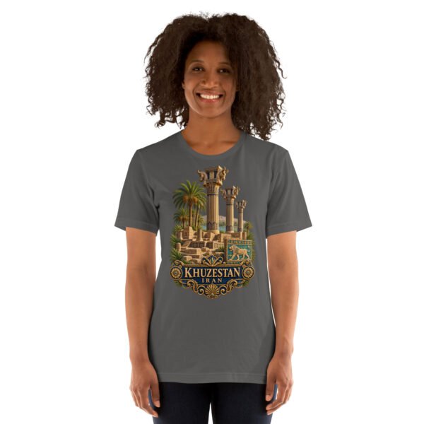 Asphalt Khuzestan unisex t-shirt, front view with ancient Susa design