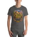 Asphalt North Khorasan unisex t-shirt, front view with historic citadel of Shirvan and vineyards design