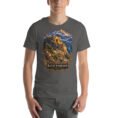Asphalt Khorasan Razavi unisex t-shirt, front view with Tomb of Ferdowsi in ancient Tus design
