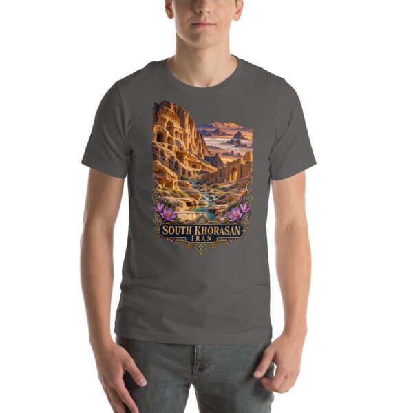 Asphalt South Khorasan unisex t-shirt, front view with historic citadel of Birjand design