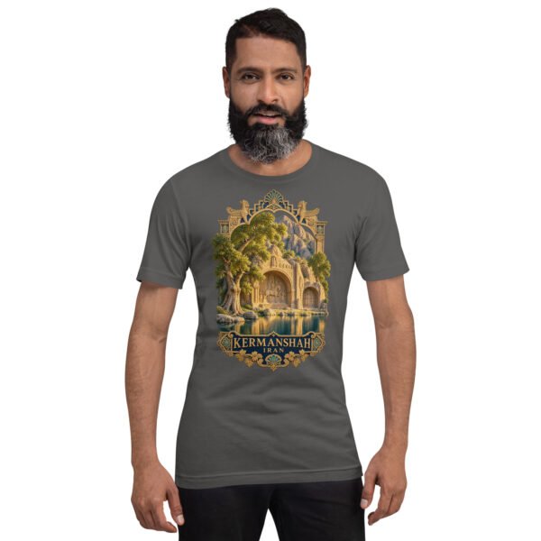 Asphalt Kermanshah unisex t-shirt, front view with Taq-e Bostan Sasanian rock reliefs design