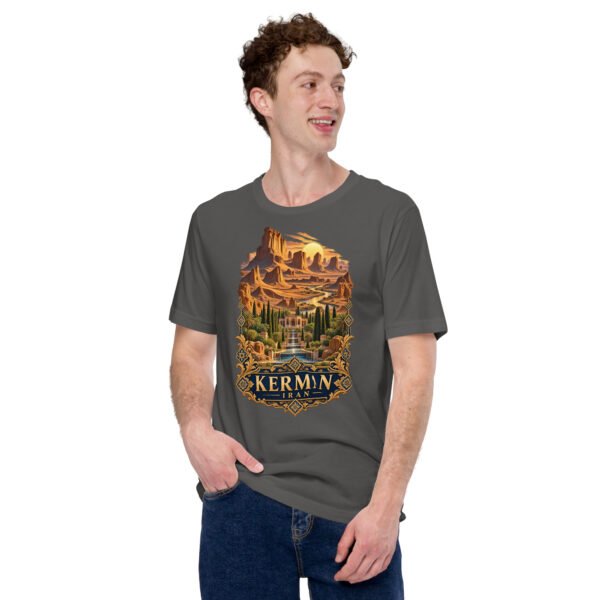 unisex-staple-t-shirt-asphalt-front-6acbd5352d4c6.jpg Asphalt Kerman unisex t-shirt, front view with Arg-e Bam citadel and desert palm groves design