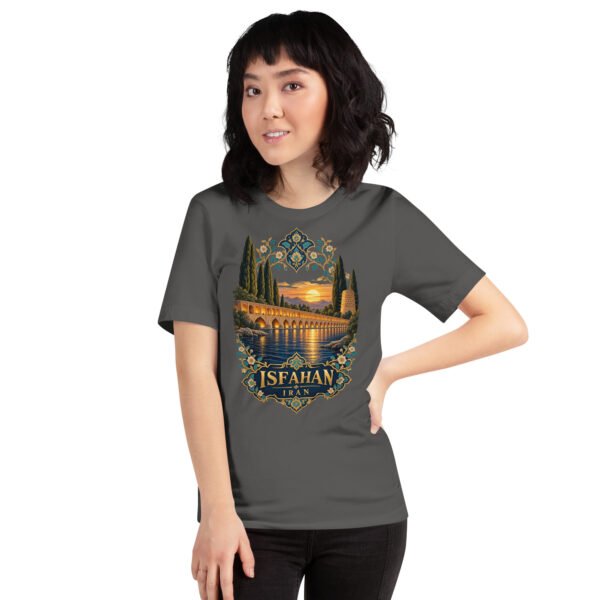 Asphalt Isfahan unisex t-shirt, front view with Naqsh-e Jahan Square and Ali Qapu Palace design