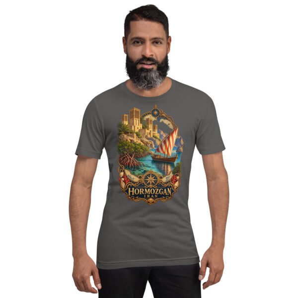 Asphalt Hormozgan unisex t-shirt, front view with Portuguese Castle of Hormuz and the Persian Gulf design