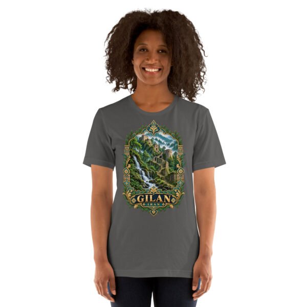 Asphalt Gilan unisex t-shirt, front view with Rudkhan Castle in the Hyrcanian forest design