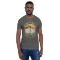 Asphalt Qom unisex t-shirt, front view with Deir-e Gachin caravanserai in the desert design