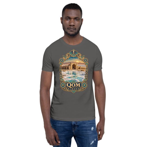 Asphalt Qom unisex t-shirt, front view with Deir-e Gachin caravanserai in the desert design