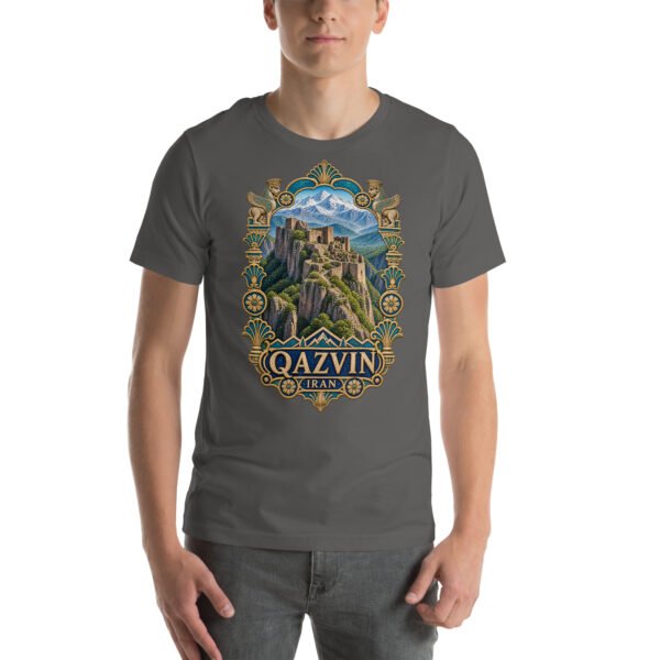 Asphalt Qazvin unisex t-shirt, front view with Alamut Castle on its rocky Alborz cliff design
