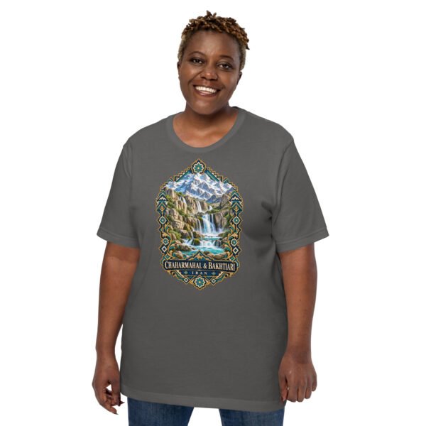 Asphalt Chaharmahal and Bakhtiari unisex t-shirt, front view with Zard-Kuh and the Koohrang waterfall design