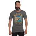 Asphalt Bushehr unisex t-shirt, front view with ancient port of Siraf and the Persian Gulf design