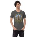 Asphalt Ardabil unisex t-shirt, front view with ancient Shahr-e Yeri stone figures and Mount Sabalan design