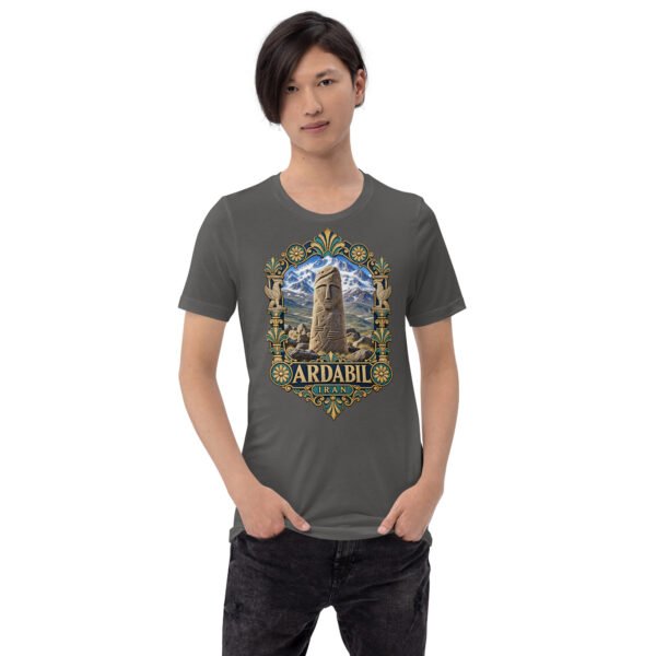 Asphalt Ardabil unisex t-shirt, front view with ancient Shahr-e Yeri stone figures and Mount Sabalan design