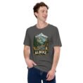 Asphalt Alborz unisex t-shirt, front view with Chalus Road winding through the Alborz Mountains design