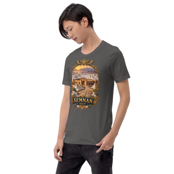Asphalt Semnan unisex t-shirt, front view with Qasr-e Bahram caravanserai in the Dasht-e Kavir design
