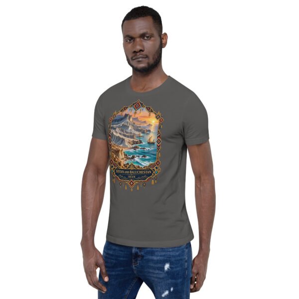 Asphalt Sistan and Baluchestan unisex t-shirt, front view with Shahr-e Sukhteh, the Burnt City design