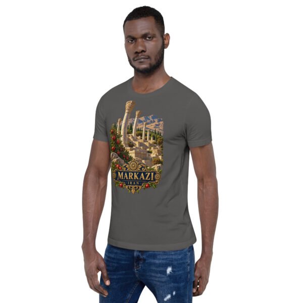 Asphalt Markazi unisex t-shirt, front view with ancient columns of Khorheh design