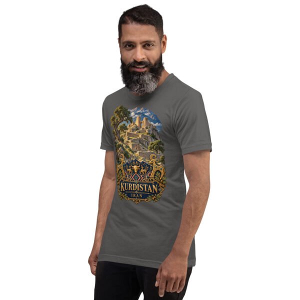 unisex-staple-t-shirt-asphalt-left-front-6acbcf7f1ec8a.jpg Asphalt Kurdistan unisex t-shirt, front view with Ziwiye fortress and golden Mannaean motifs design