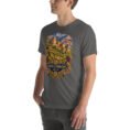 Asphalt North Khorasan unisex t-shirt, front view with historic citadel of Shirvan and vineyards design